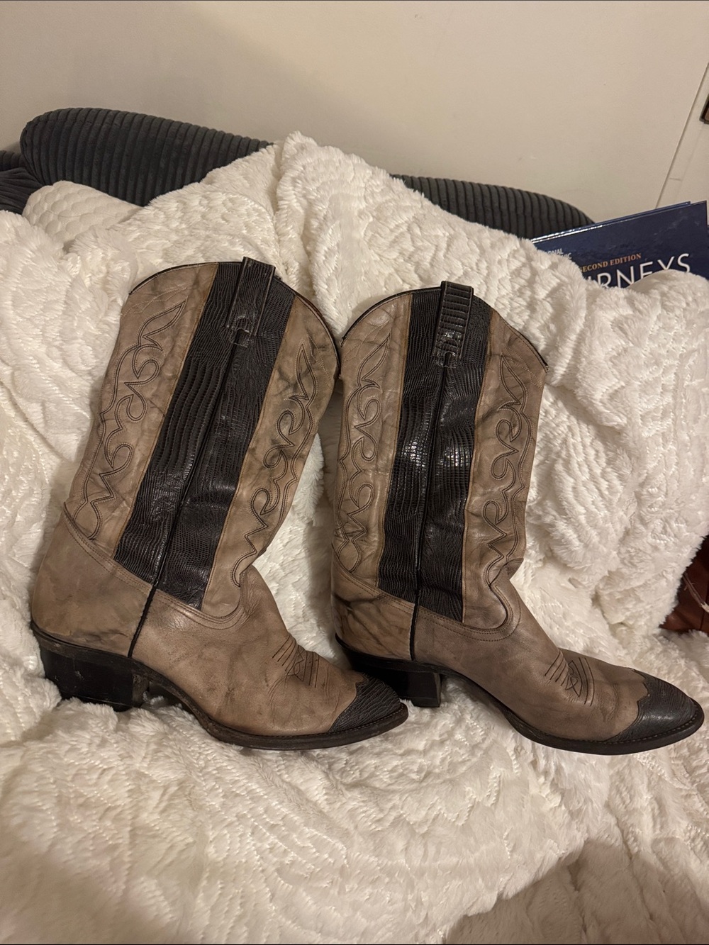 Men's Imperial Made in USA Vintage Taupe and Black Western Pull-On Boots